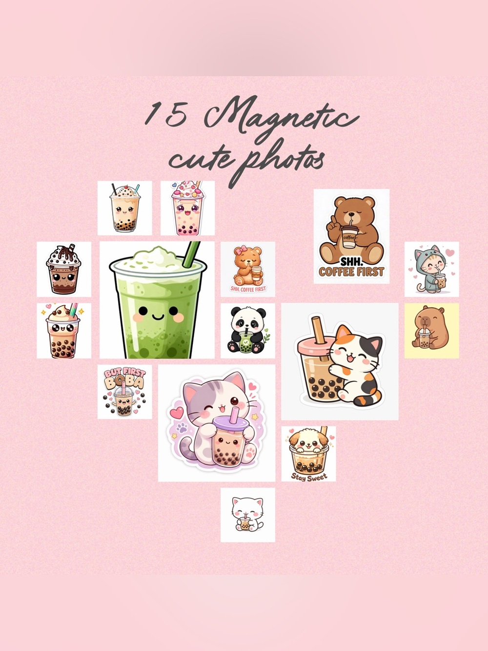 Cute Boba Magnets - Pink Kawaii Drink 15 Magnet Set